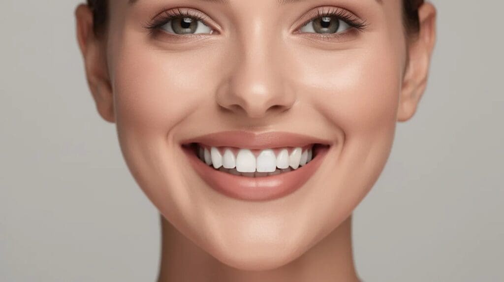 A close-up image of a person smiling confidently, showcasing a full set of healthy, white teeth, which highlights the effectiveness of dental implants in restoring smiles. The bright smile reflects good oral health and the successful replacement of any missing teeth with natural-looking implants.