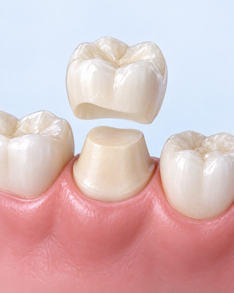Illustration of a ceramic dental crown above a prepared natural tooth