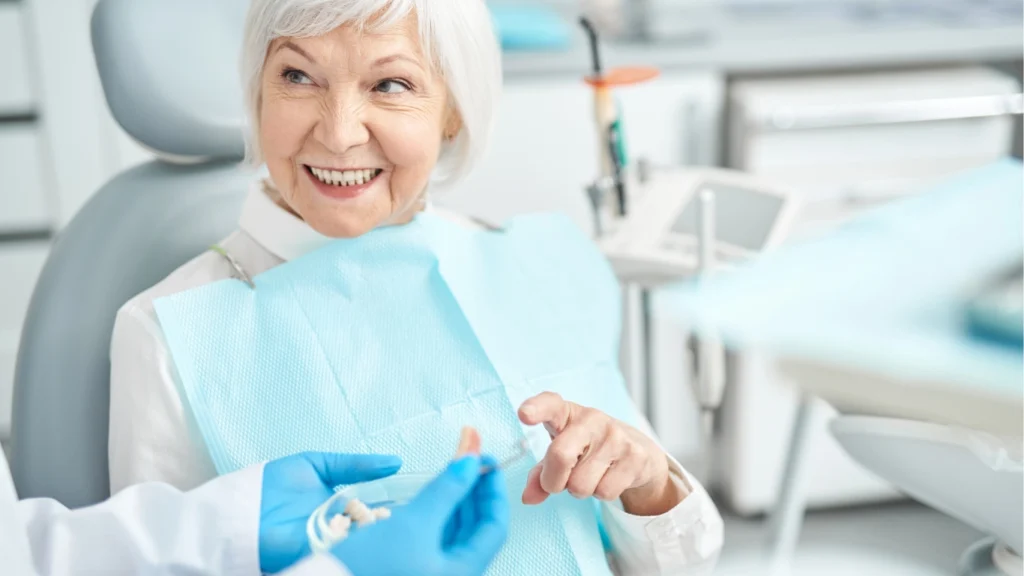a woman in a dental chair