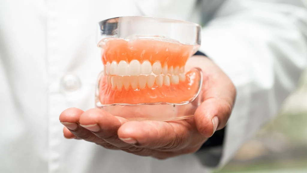 a hand holding a plastic model of full dentures