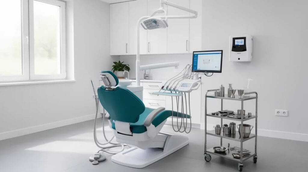 The image depicts a modern dental office featuring advanced equipment and a comfortable patient chair, designed to facilitate procedures like a single tooth implant. The inviting environment emphasizes the importance of oral health and comfort during treatments such as tooth replacement options.
